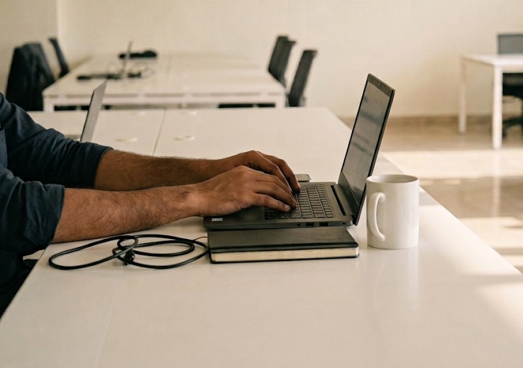 A developer at work at a desk, hands on a laptop keyboard