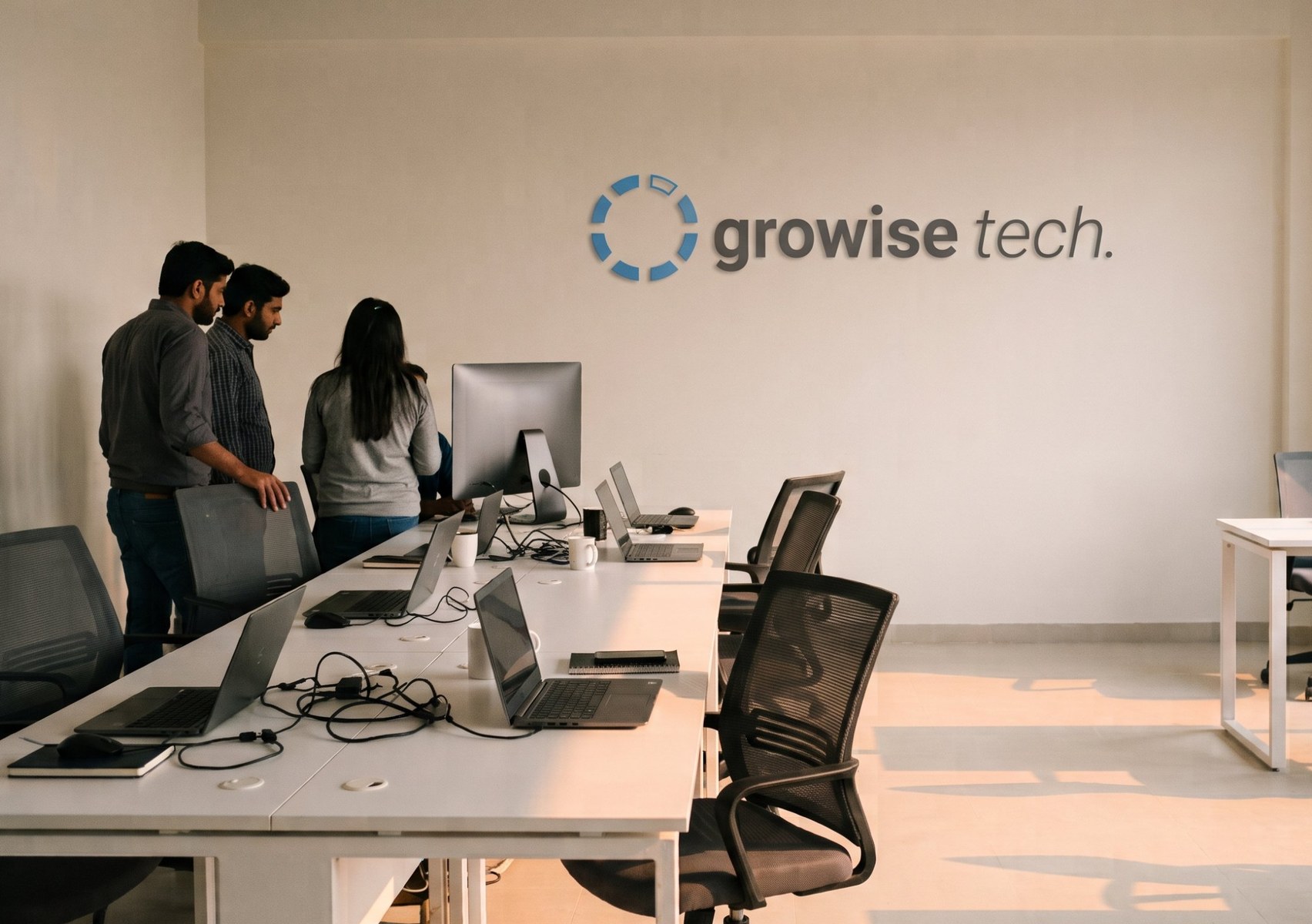 The Growise Tech office, with three of the team standing at a desk looking at one screen