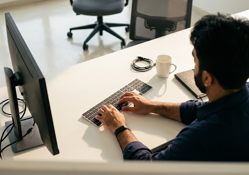 A developer at a keyboard, seen from above the desk