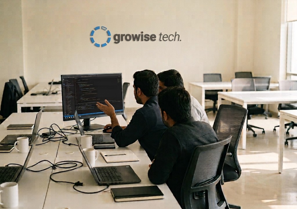 Three of the team working through a change together at one screen